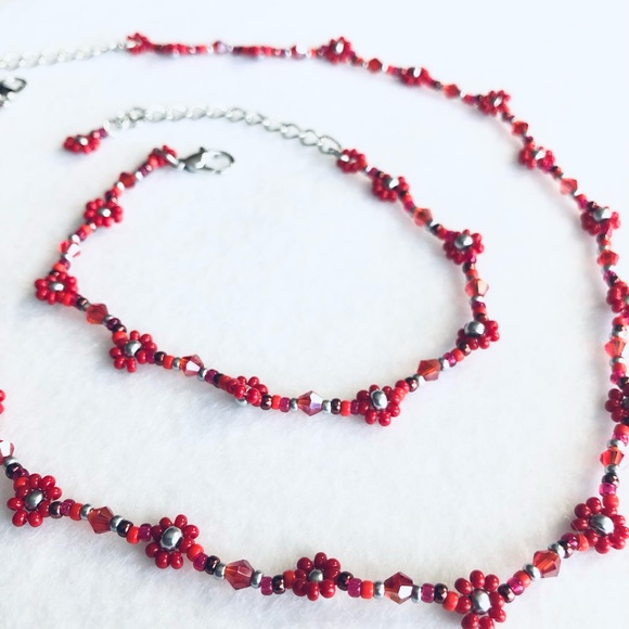 Red Flower Choker Necklace Bracelet Set Daisy Crystal Silver Y2K Boho New - Picture 7 of 8